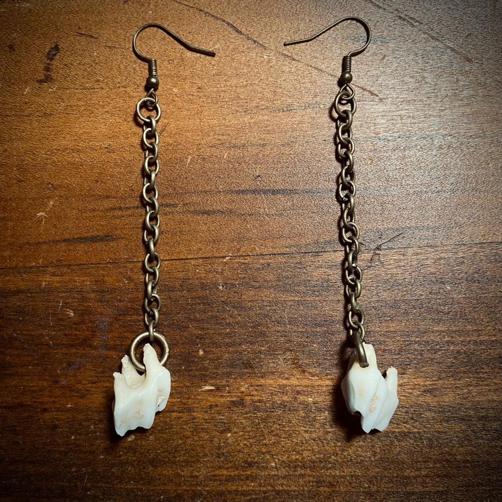 Deer Teeth Oxidized Brass Chain Earrings